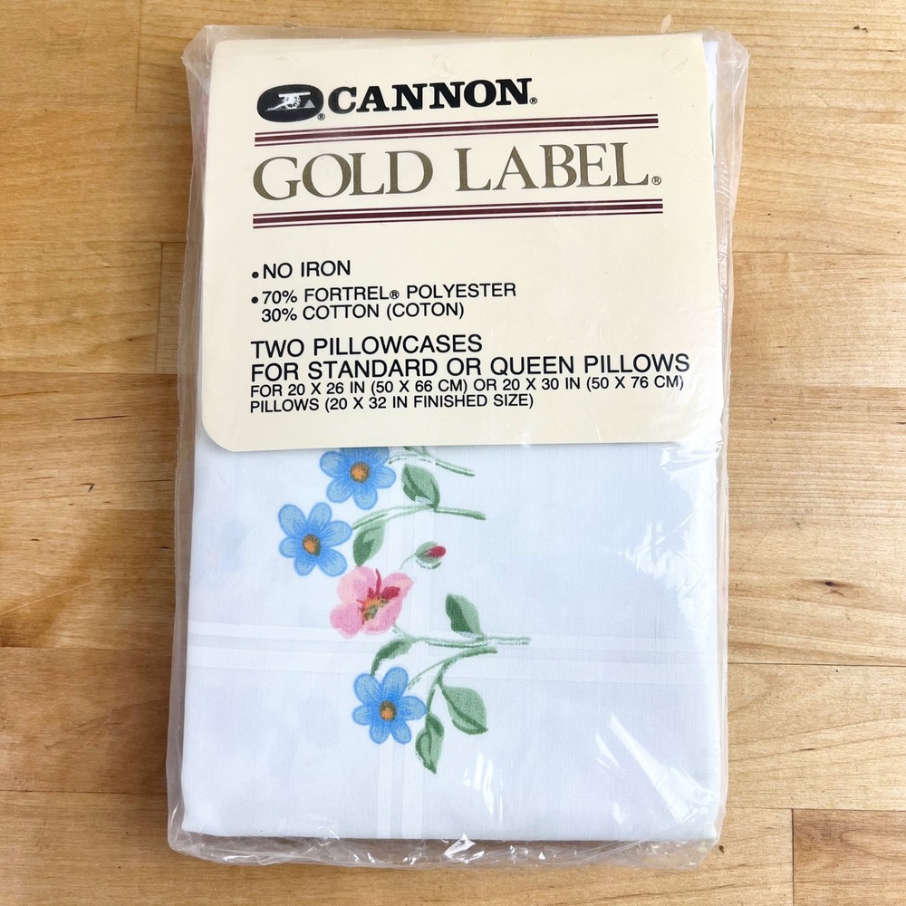 Vintage Cannon Pillowcases Gold Label Serenade Standard Queen‎ White Floral NEW
